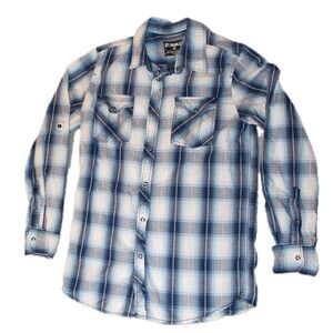 Skully Shirt Mens‎ Medium Blue Plaid Long Sleeve Snap Up Lightweight Western